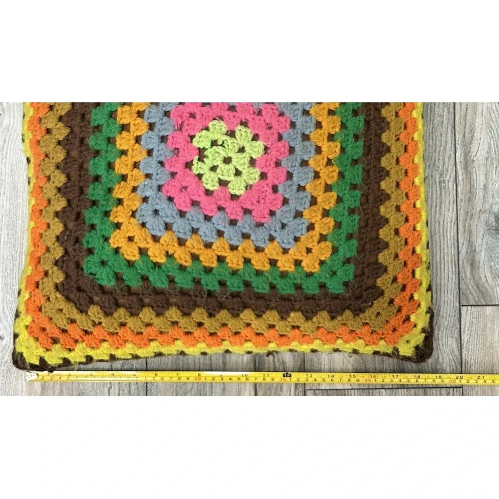 Vintage 2 Granny Square Crochet Throw Pillow & Case Rainbow Handmade Decorative